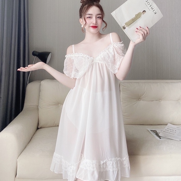 Váy Ngủ Nữ SOJUN Vải Chiffon Bẹt Vai Kèm Quần Dưới 70Kg