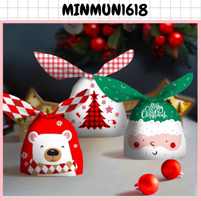 Túi gói kẹo giáng sinh túi đựng bánh noel họa tiết noel thắt nơ  kt: 14 x 23 x 3cm siêu xinhl MinMun1618