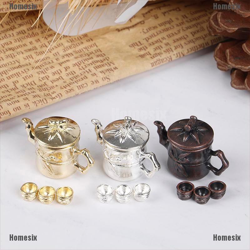 [HoMSI] 4Pcs/set 1: 12 Dollhouse Miniature Teapot With lid+ 3 Cup for Doll Decor Tea Set SUU