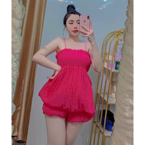 Set đồ nữ dễ thương đi chơi tiệc, đồ bộ bí xốp thiết kế 2 dây có mút