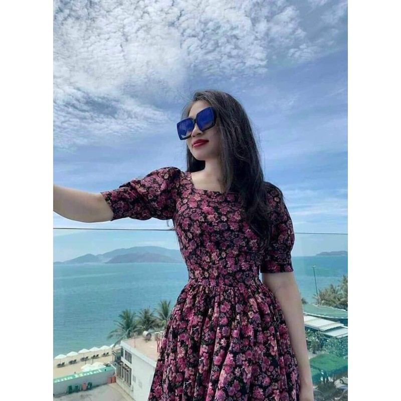 VNU239 - VÁY HOA TÍM HỒNG CỔ VUÔNG | BigBuy360 - bigbuy360.vn