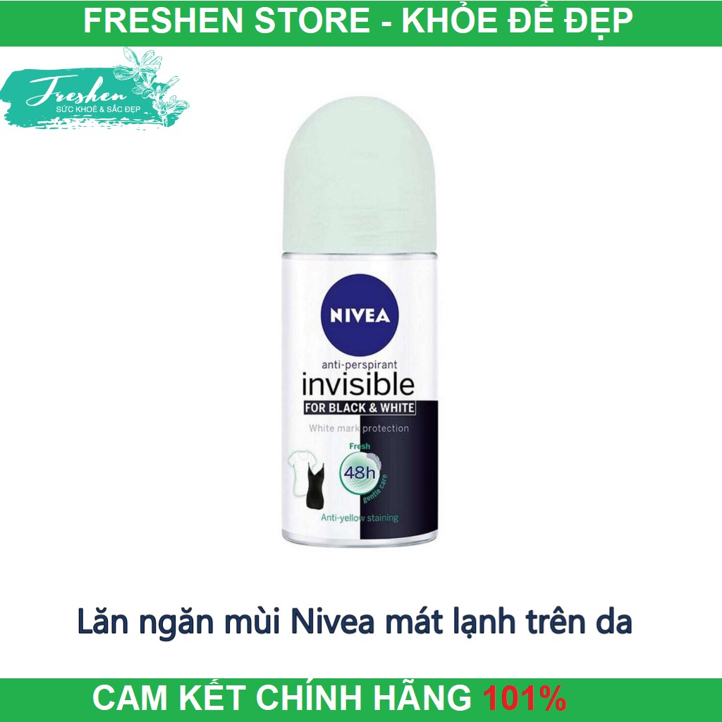 ✅ (CHÍNH HÃNG) Lăn ngăn mùi Nivea Invisible Fresh for Black &amp; White giảm vệt ố vàng trên áo - mát lạnh trên da