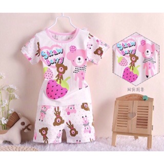 Bộ quần áo đùi lửng bé gái Lidobb thun cotton hình gấu hình kitty hồng