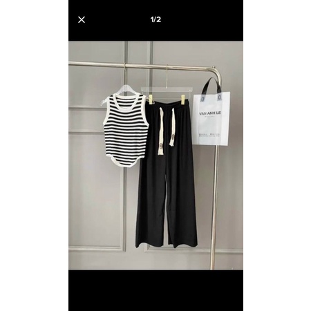 Set quần suông gân áo vạt bầu phối viền xinh xắn