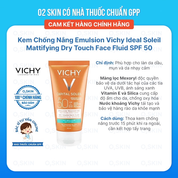 Kem Chống Nắng Cho Da Dầu, Mụn, Da Nhạy Cảm Emulsion Vichy Ideal Soleil Mattifying Dry Touch Face Fl