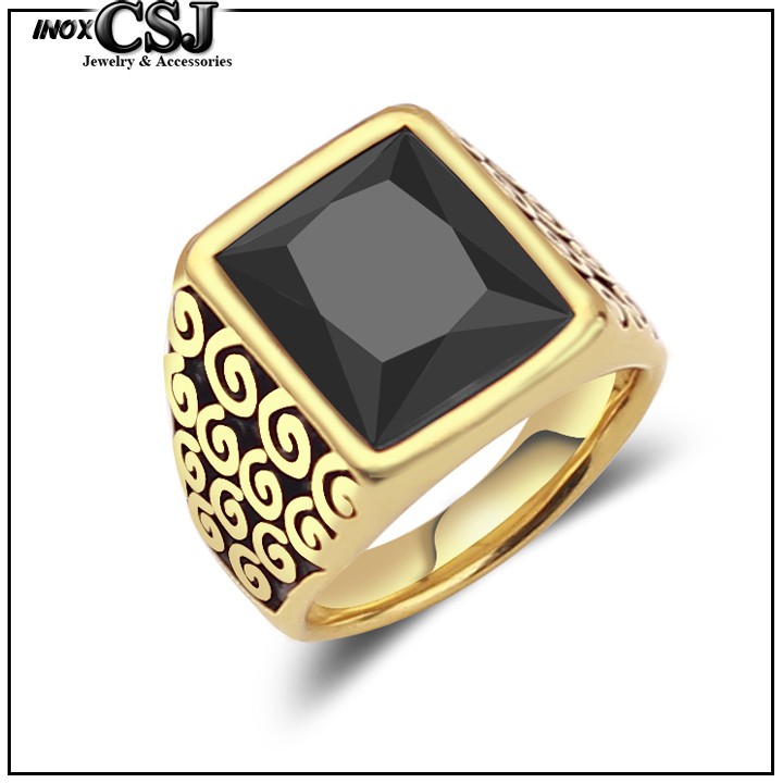 NHẪN NAM INOX MẠ VÀNG ĐÁ ĐEN HỌA TIẾT XOẮN ỐC TRẺ TRUNG - tặng hộp đựng nhẫn xinh xắn