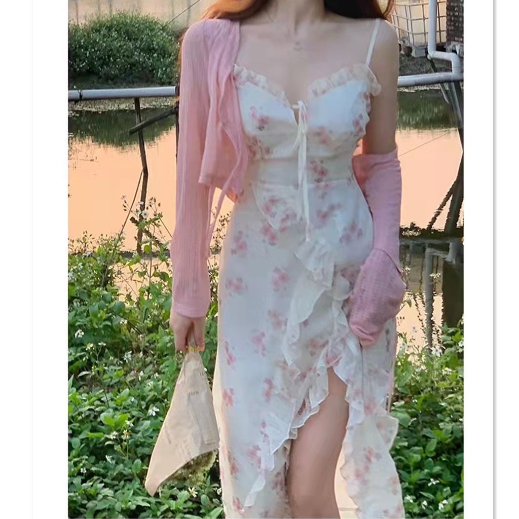 Set Đầm Hai Dây Và Áo Khoác Cardigan Chống Nắng Phong Cách Công Chúa Dễ Thương Thanh Lịch Quyến Rũ Cho Nữ