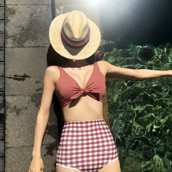 Fashionable plaid high-back bikini