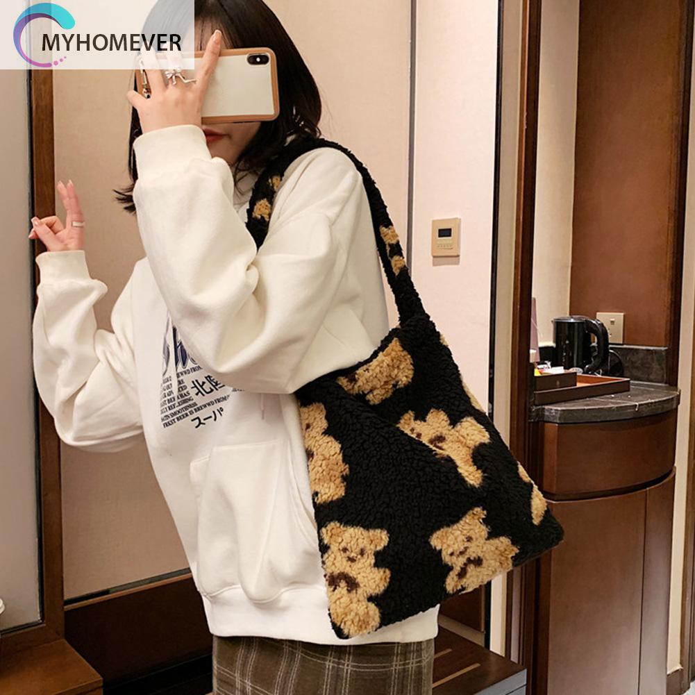 túi Autumn Plush Handbag Bear Print Large Capacity Women nữ nữ Satchel nữ