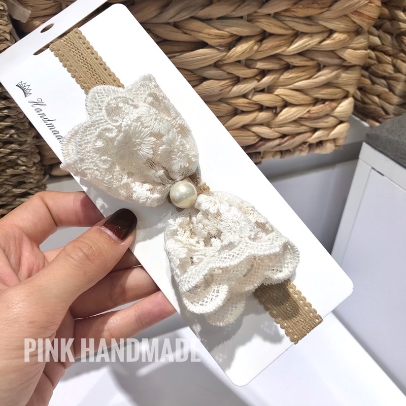 Băng đô turban ren hạt trai handmade cho bé