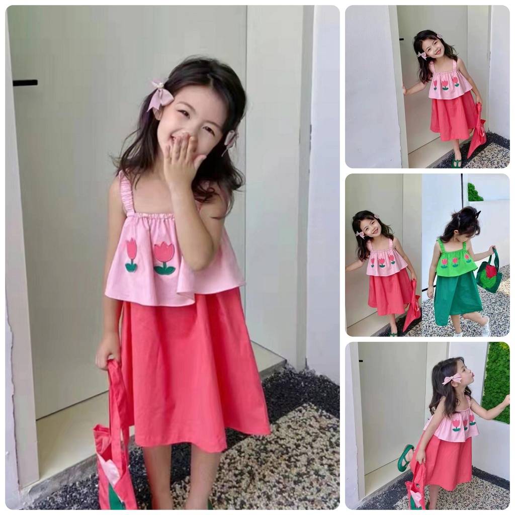 BV30 Size90-130 (12-30kg) Set váy bé gái áo sơ mi 2 dây và chân váy vải thô Hàn Quốc Thời trang trẻ Em quảng châu