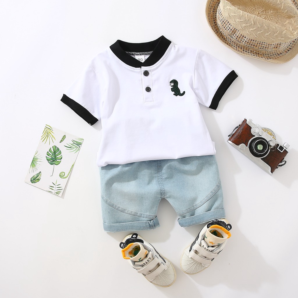 Set áo thun ngắn tay họa tiết khủng long + quần short denim phong cách mùa hè cho bé trai 0-5 tuổi