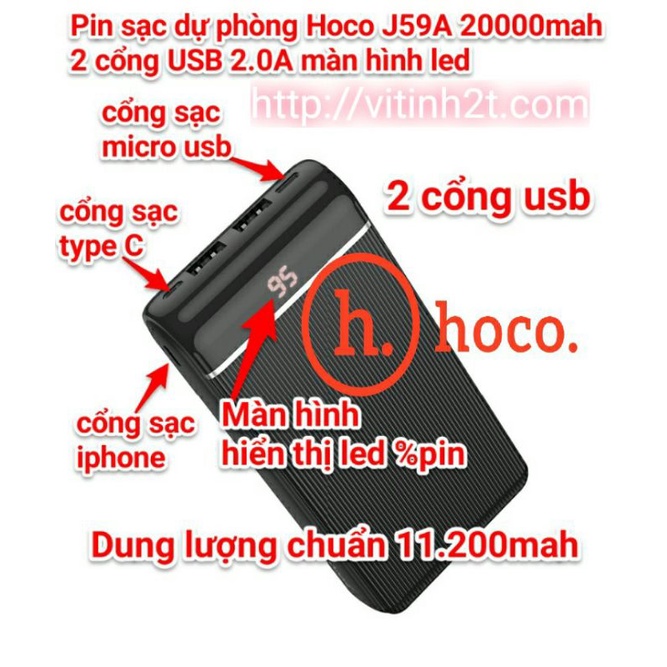 Pin sạc dự phòng 20000mAh Hoco J59a tích hợp màn hình LED báo điện áp -Hàng phân phối chínhs hãng