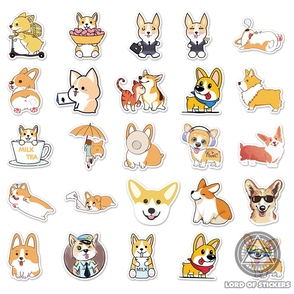Set 50 Sticker Corgi Cute Dễ Thương Chống Thấm Nước Phong Cách Hoạt Hình Dán Trang Trí Mũ Bảo Hiểm, Laptop, Xe Đạp, Sổ