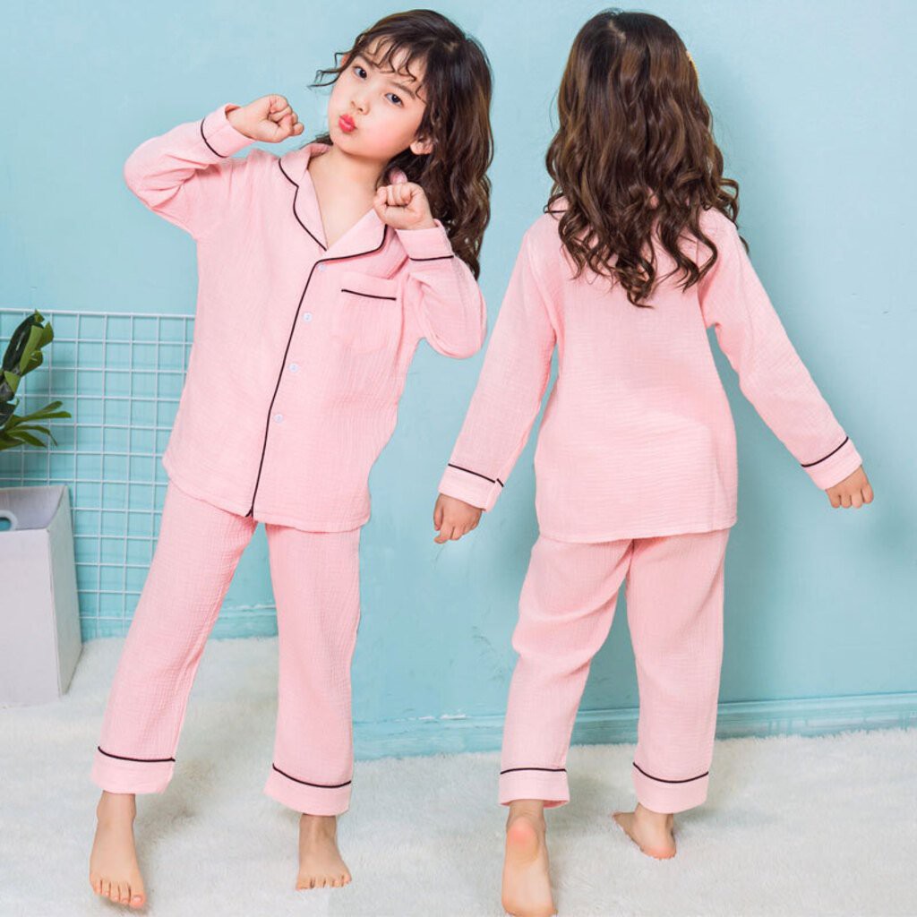 Bộ Ngủ Chất Đũi Cho Bé, Bộ Pijama Đũi Nhăn Dài Tay Cho Bé Trai Và Bé Gái Từ 6-27kg