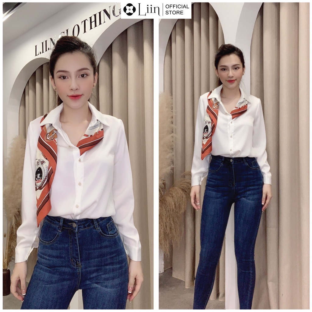 Áo sơ mi chất Lụa đẹp màu Trắng Kèm Khăn phong cách trẻ trung, năng động Liin Clothing SM3755
