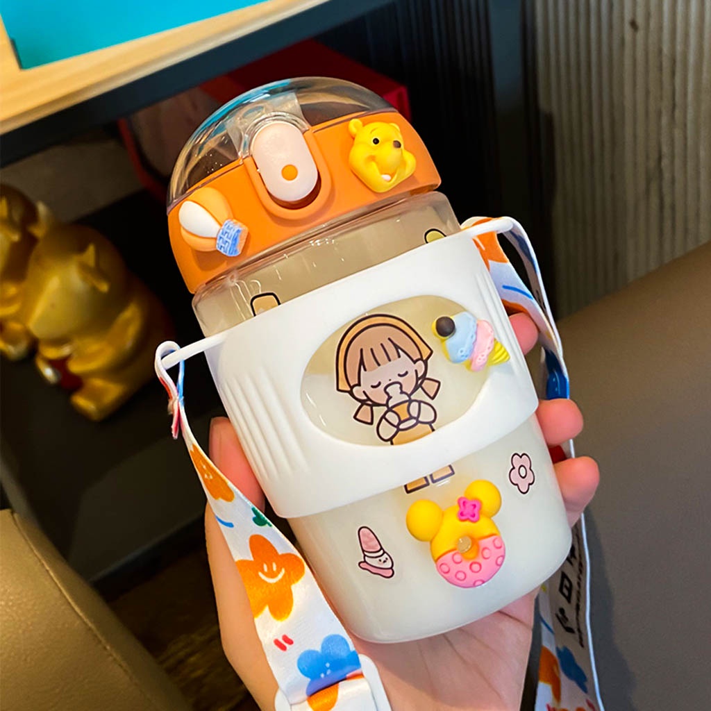 Bình Nước Cho Bé, Bình Nước Cute Kèm Stiker Và Dây Đeo Siêu Dễ Thương