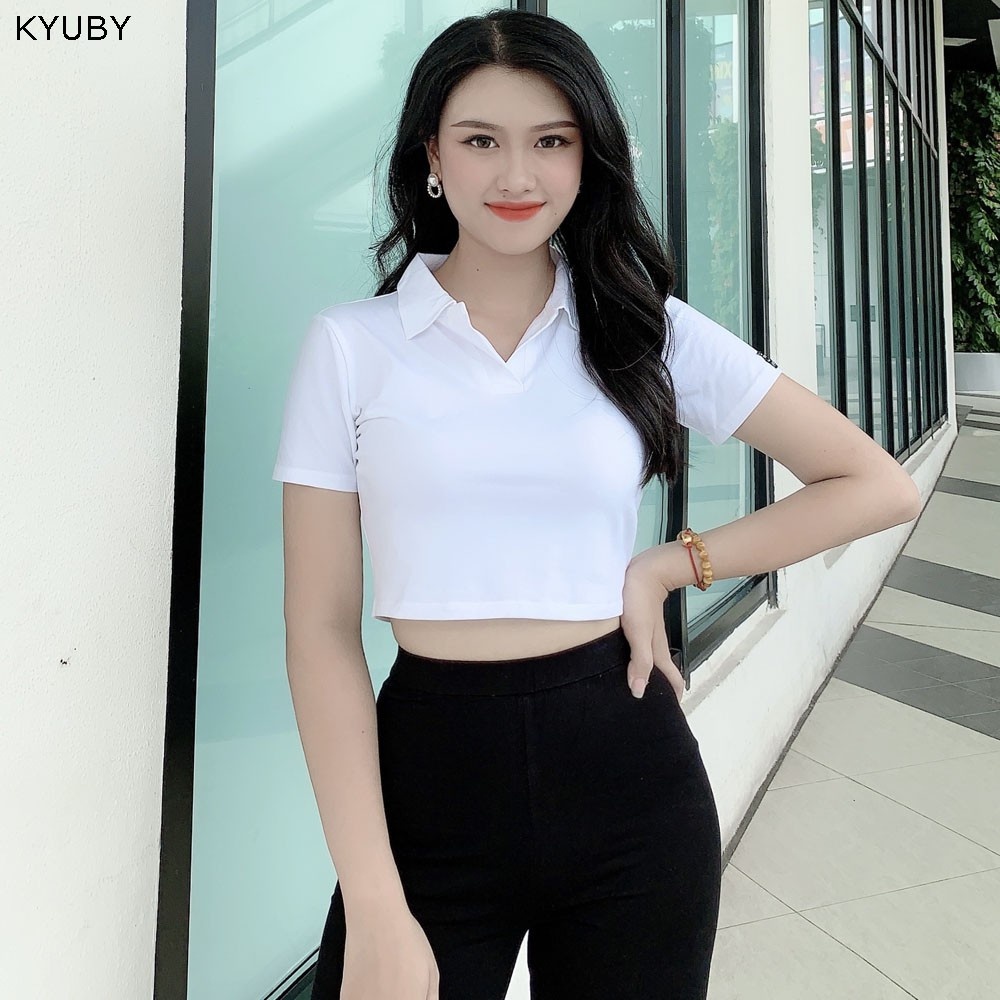 Áo croptop nữ tay ngắn có cổ KYUBY Polo croptop chất cotton