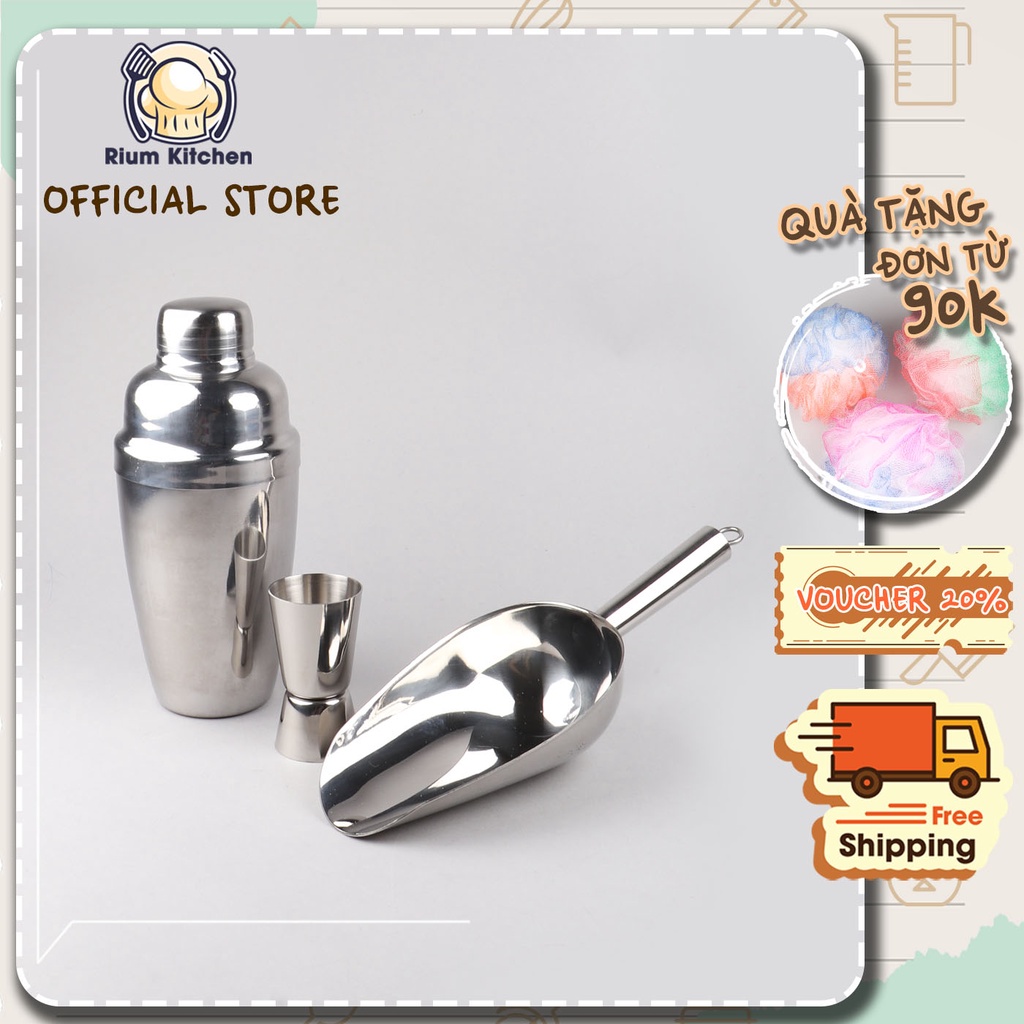 Combo bình lắc, dụng cụ xúc đá và ly đong định lượng inox Bam House sáng bóng cao cấp BLX01 - Fuki24