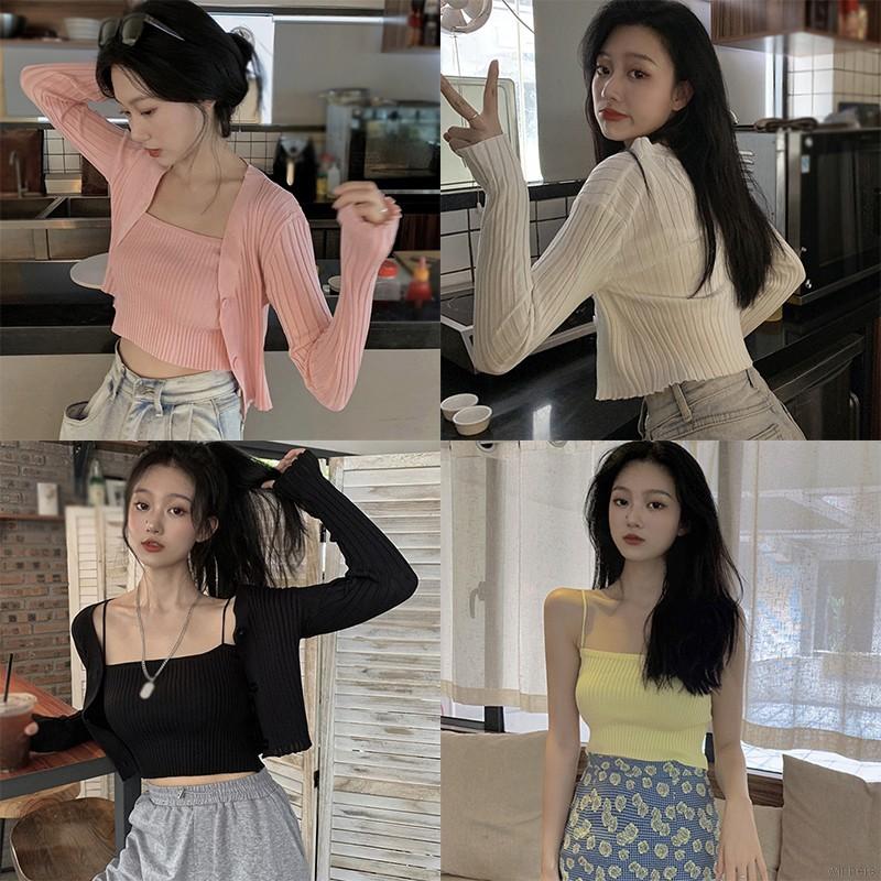 Set Áo Hai Dây + Áo Khoác Cardigan Màu Trơn Phong Cách Hàn Quốc Gợi Cảm Cho Nữ | BigBuy360 - bigbuy360.vn