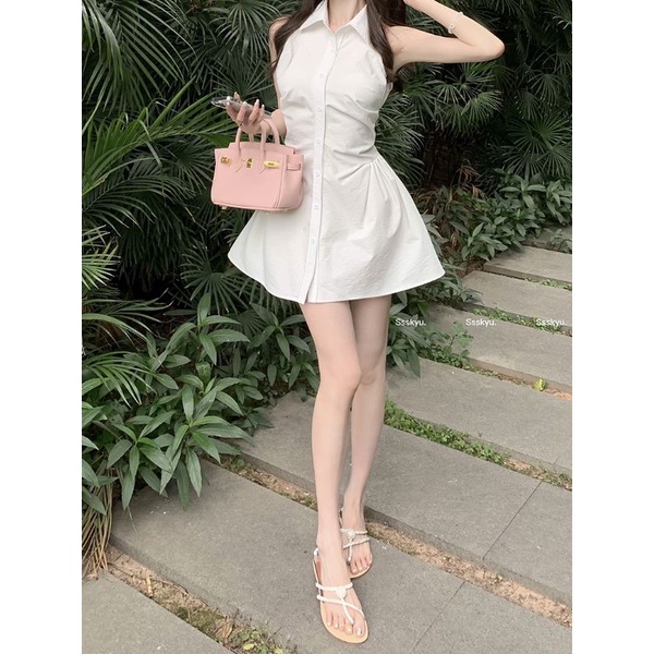 (SẴN) Váy sơ mi cổ yếm thô dày
