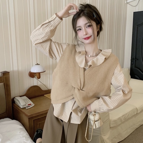 Áo dệt kim sát nách cổ chữ V/ áo sơ mi ZHELIHANGFEI lưng cao phong cách thời trang sang trọng cao cấp