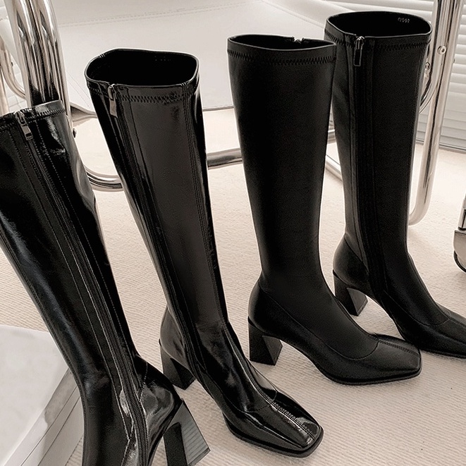 Giày boots cao gót cổ lửng ôm bắp chân nhỏ mũi vuông thon gọn da bóng da lì 7cm khóa bên