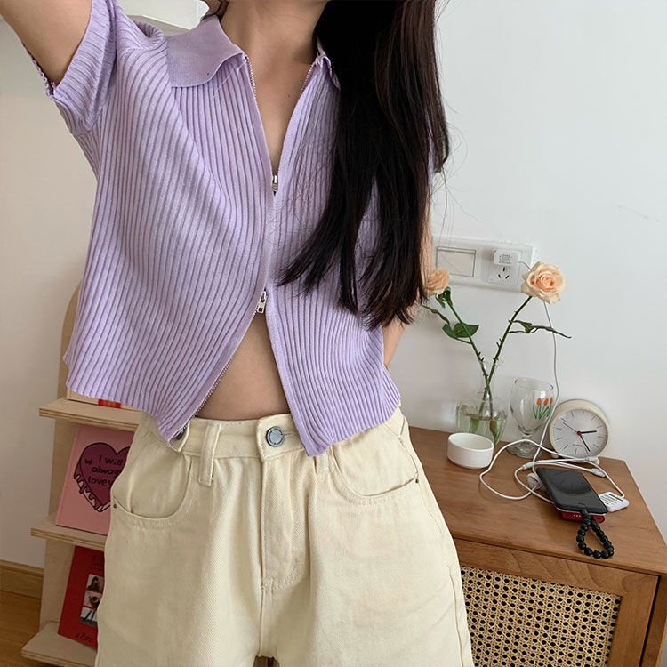 Áo croptop dệt kim IELGY tay ngắn phối khóa kéo kiểu dáng thời trang cho nữ