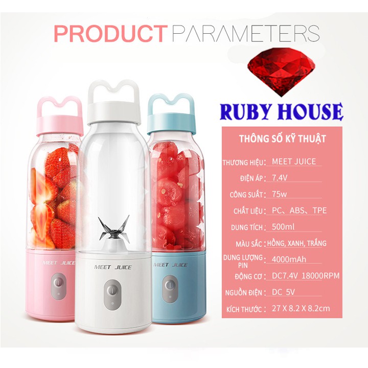 [BH 1 ĐỔI 1]Máy xay sinh tố cầm tay Meet Juice CHÍNH HÃNG ,  Xay cực nhanh 9s, động cơ khỏe, hàng cao câp-Ruby House