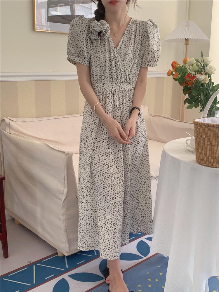 Đầm Tay Ngắn Dáng Ôm Cổ Chữ V In Hoa Thời Trang 50814