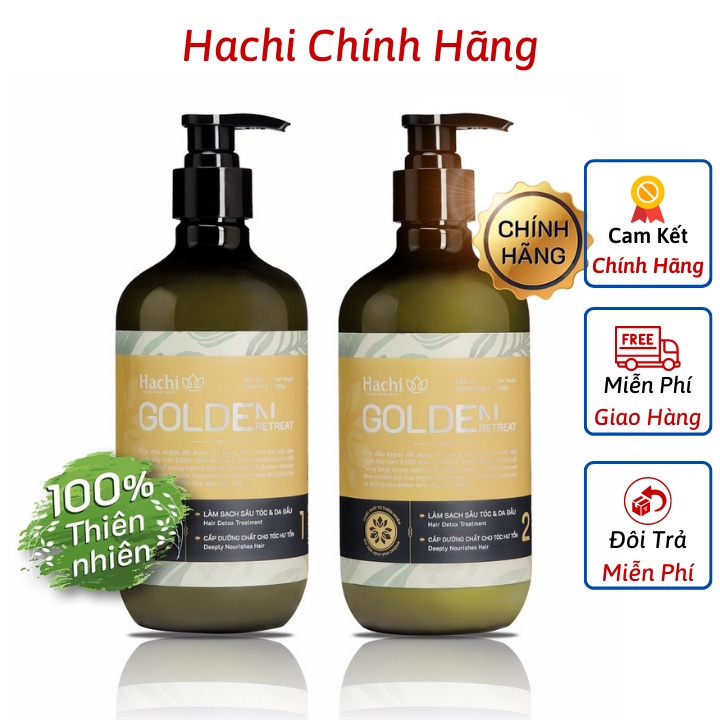 Combo dầu gội xả cao cấp argan HACHI VIETNAM Goldenretreat 500g vàng dành cho tóc hư tổn khô sơ - Dầu gội cặp argan