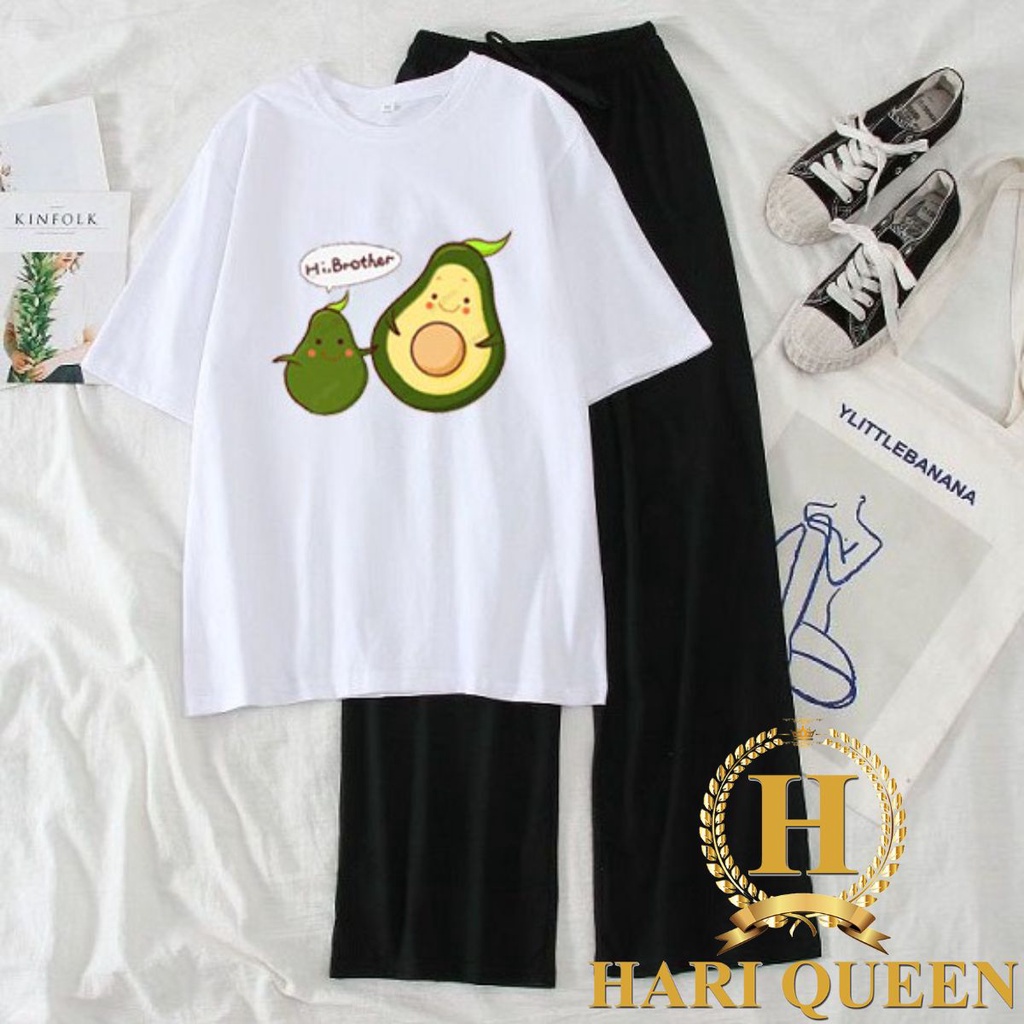 Sét áo phông hình quả bơ, em bé áo nâu + quần ống rộng suông đen HARIQUEEN