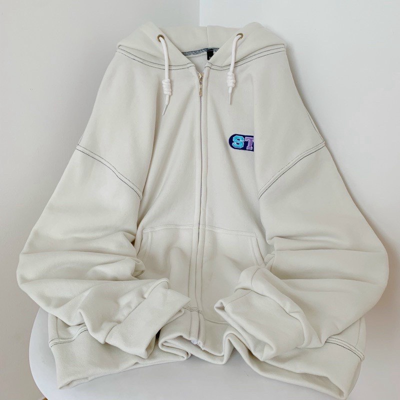 Áo khoác hoodie nữ nỉ bông dày form rộng chỉ viền unisex khoá zip thêu STR TP [NewUnisex]