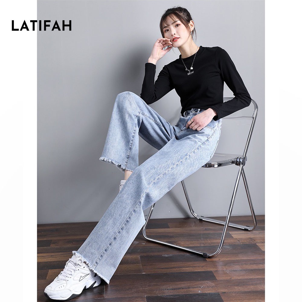 [Mã BMLT35 giảm đến 35K đơn 99K] Quần baggy jeans nữ LATIFAH ống rộng đơn giản tua lai dài 101cm QD040 ulzzang hàn quốc