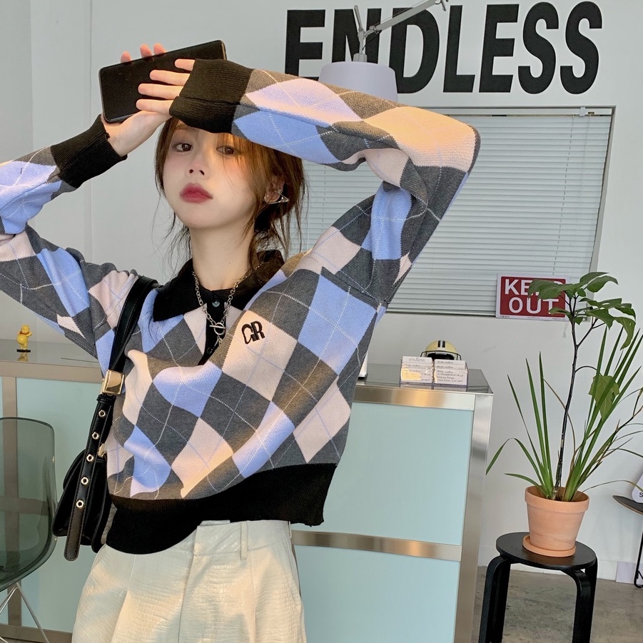 Áo len ZHELIHANGFEI dệt kim tay dài dáng rộng cổ polo họa tiết hình thoi dễ thương cho nữ