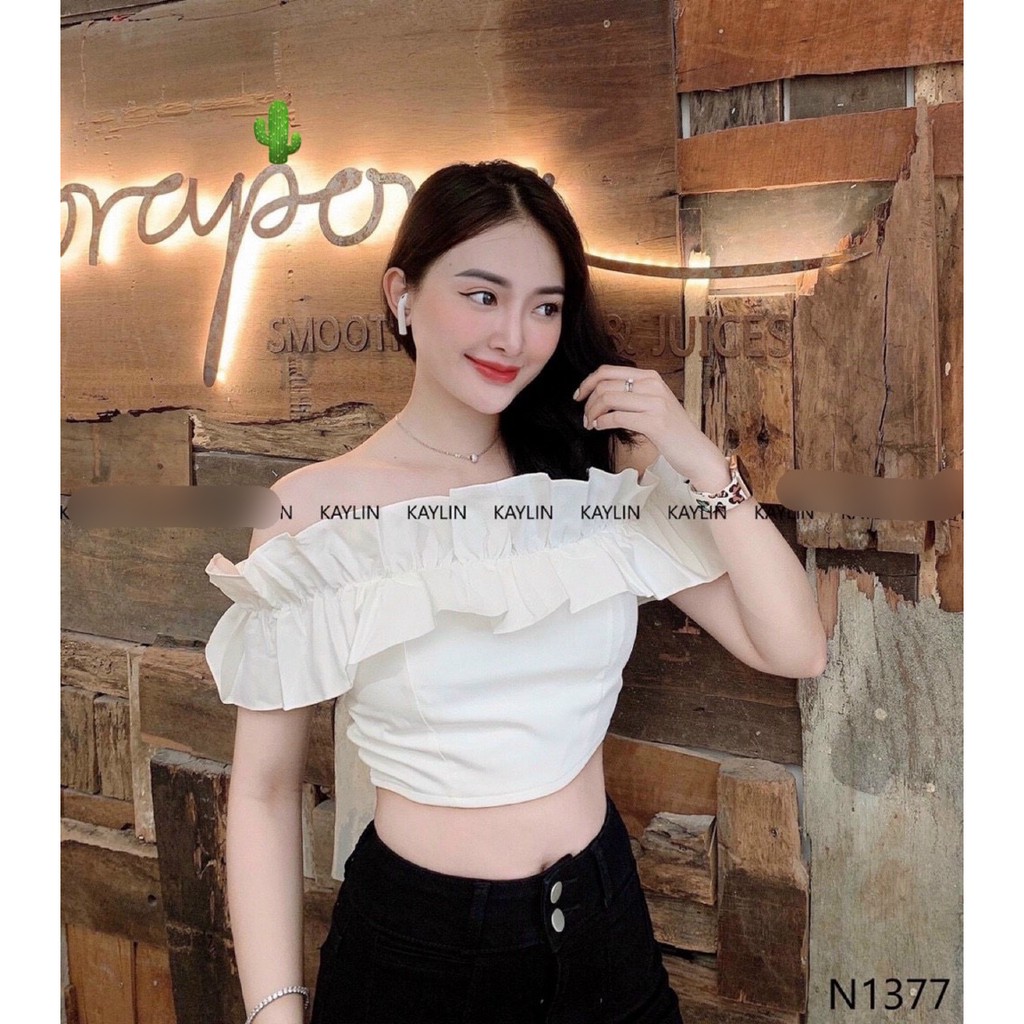 Áo kiểu nữ trễ vai viền bèo nhún to vải kate Hàn PC