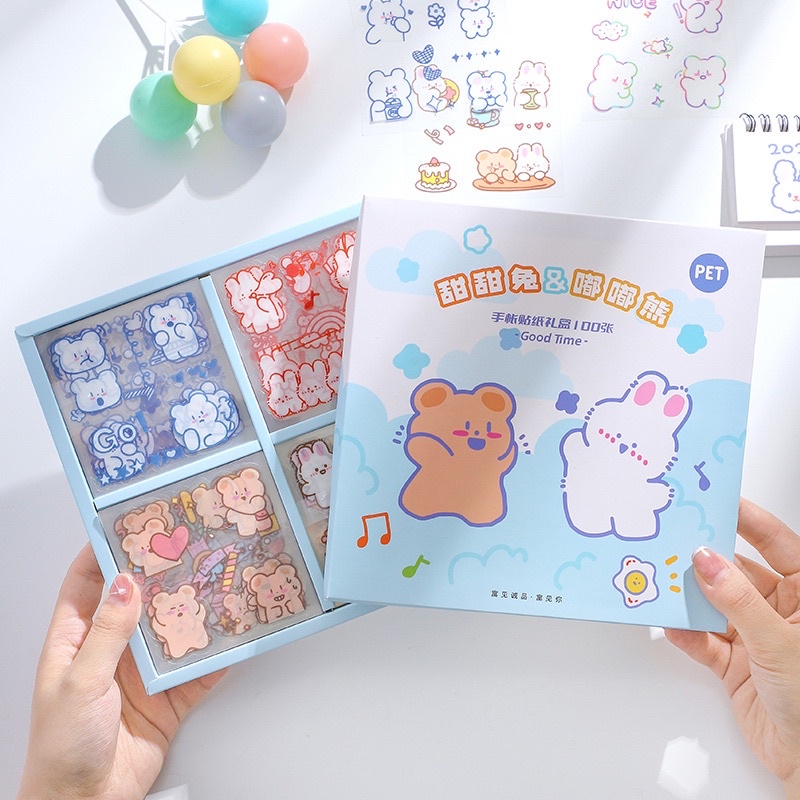 Sticker cute/Set sticker 10 tấm hình dán ngẫu nhiên GẤU THỎ GOOD TIME trang trí sổ planner bullet journal Tẻn Tẻn