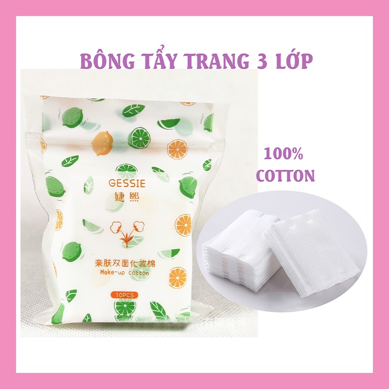 10 miếng bông tẩy trang, toner 3 lớp du lịch nội địa Trung 100% bông nguyên chất mềm mịn không vụn bông PK18