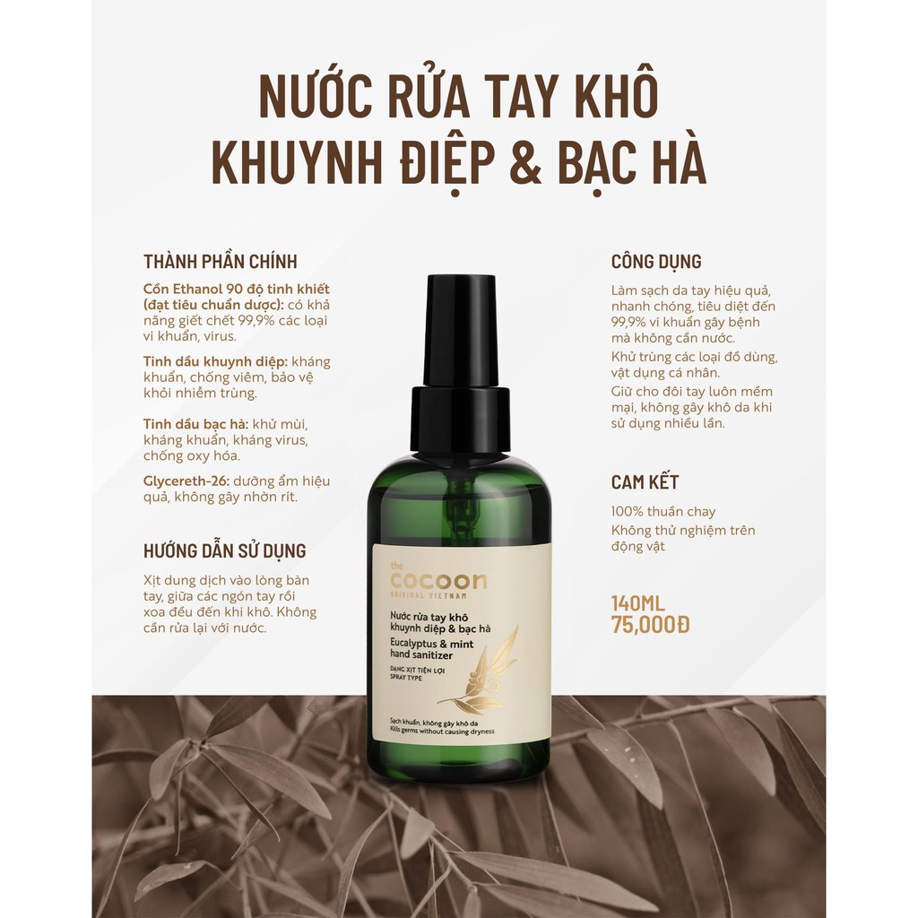 Combo 2 chai Nước rửa tay khô khuynh diệp và bạc hà Cocoon 140ml/chai | BigBuy360 - bigbuy360.vn