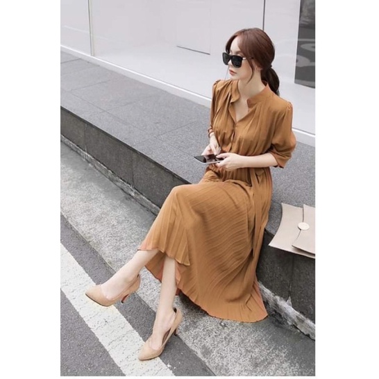 Đầm công sở Lyihome, dáng dài xếp ly cổ trụ form chuẩn phong cách Hàn Quốc trẻ trung lịch sự | BigBuy360 - bigbuy360.vn