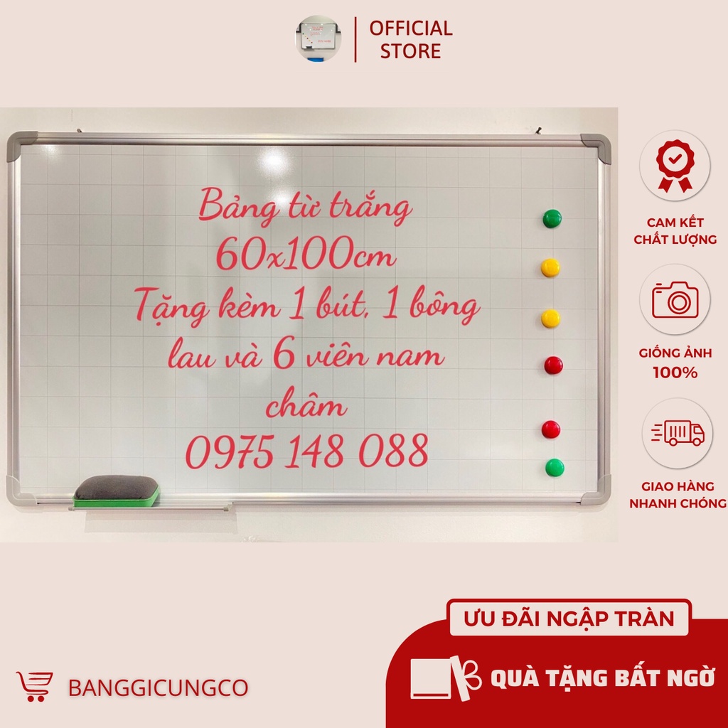 🌺 Bảng từ trắng viết bút lông, KT: 60x100cm, 🎁 tặng bút, bông lau, nam châm