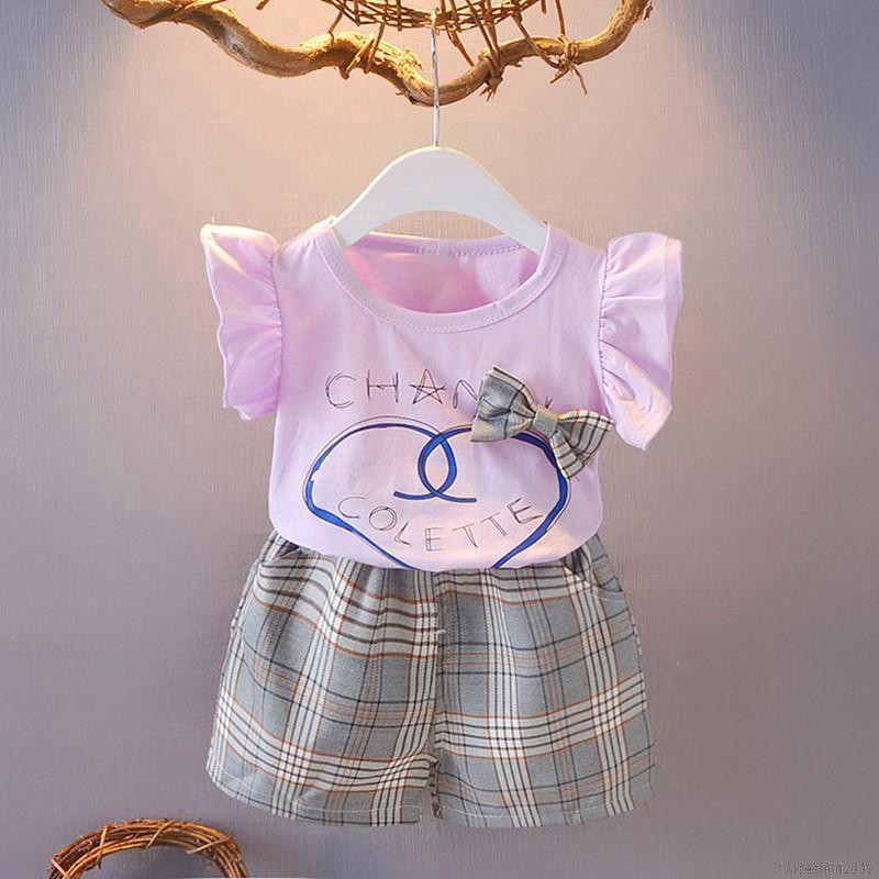 Set áo thun in chữ + Quần short caro cho bé gái