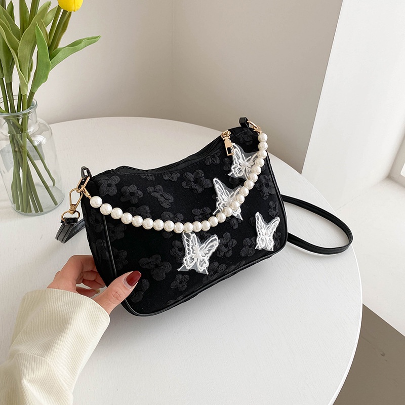 Túi Đeo JASMIN NOIR Vai Nắp Gập Vải Canvas Đính Ngọc Trai Nhỏ Nhắn Dành Cho Bạn Nữ