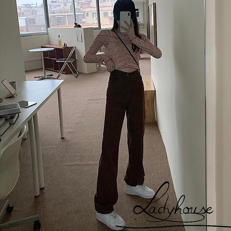 Quần dài nữ ống rộng lưng cao màu sắc vintage thời trang