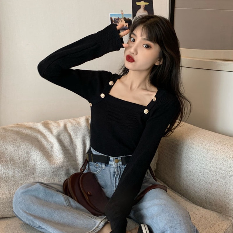 Áo dệt kim tay dài cổ vuông phối hàng nút phong cách Hàn Quốc