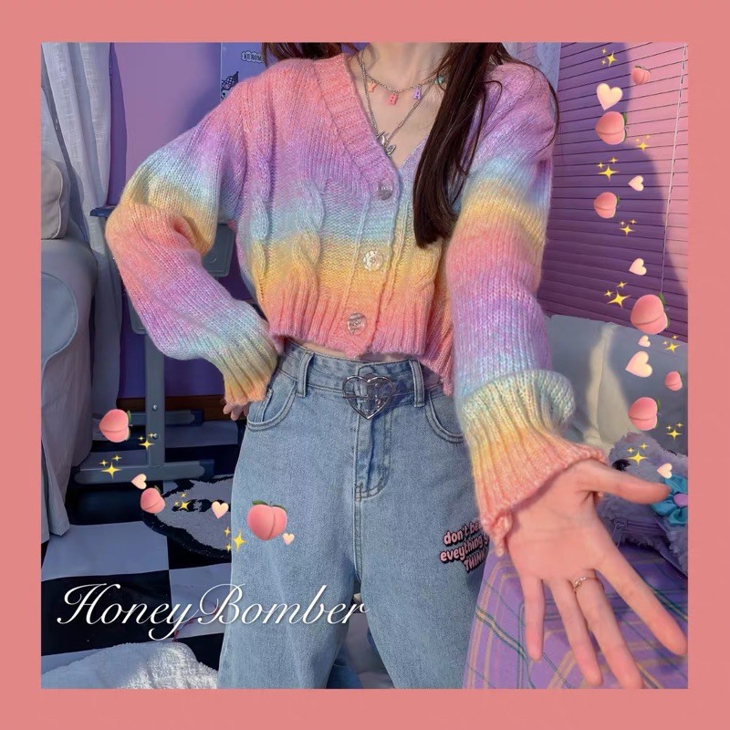 [Có ảnh thật]JISOO BLACKPINK Áo croptop len tay dài màu rainbow cầu vồng phong cách ulzzang