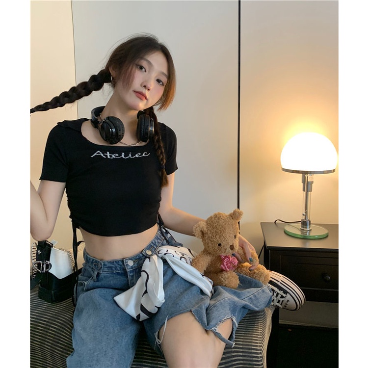 Áo Thun Tay Ngắn Dáng Ôm Rút Dây Thời Trang Cho Nữ