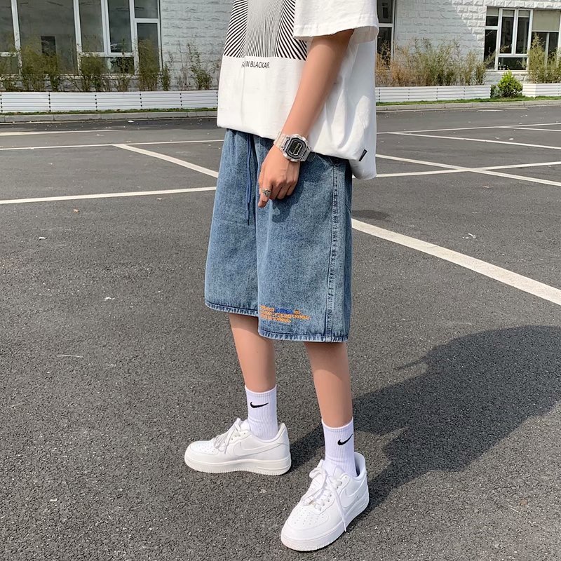 Quần short nam vải denim ống rộng thêu họa tiết thời trang phong cách retro