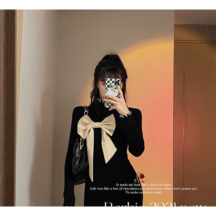 COZOK Đầm Dệt Kim Tay Dài Dáng Ôm Phối Nơ Xẻ Tà Xinh Xắn Cho Nữ