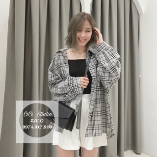 Áo sơmi kẻ caro form rộng tay áo bo lồng đèn